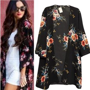 Floral Kimono Lightweight Dress Cardigan Swim Cover Up Black Pink Size X Large
